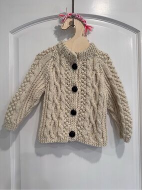 Handknit Cream Cable Knit Cardigan with dark brown buttons size 18 months- 3 yr